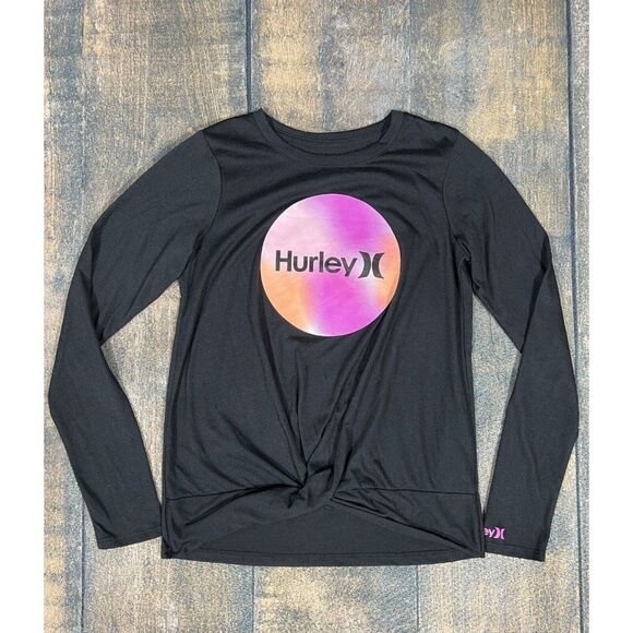 Hurley Girls Size XL 16 Crossed Hem Long Sleeve Black Logo Tee! - Picture 1 of 7
